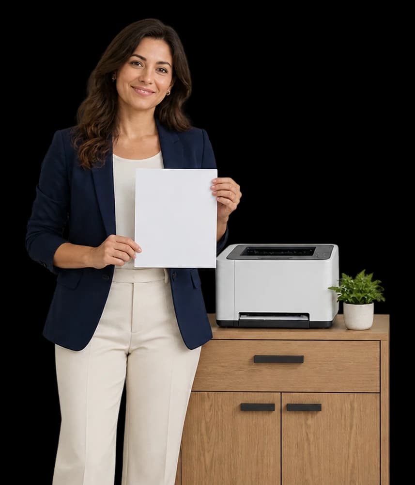 An office manager holds a plain unlettered certificate sheet beside a compact desktop printer on an oak credenza.
