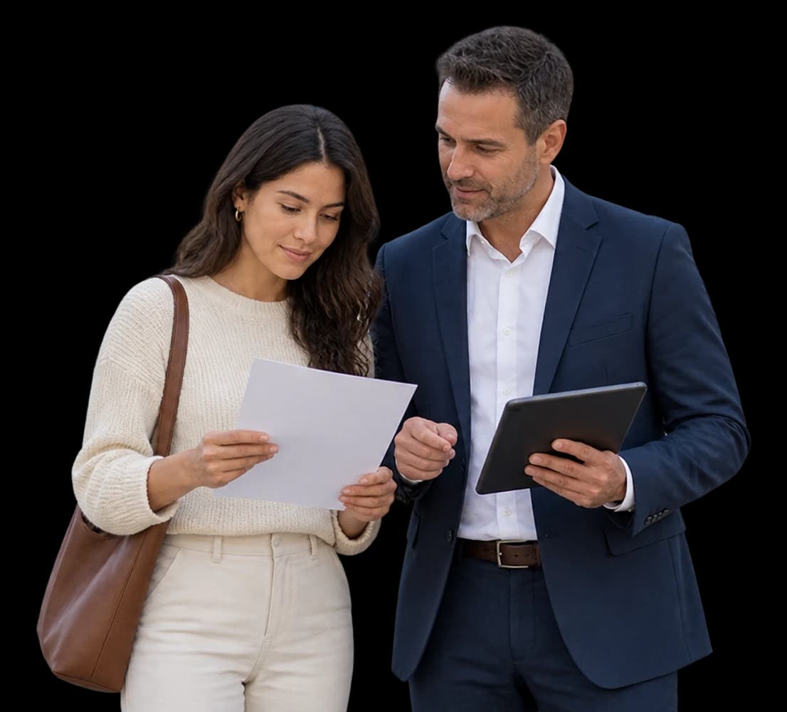 A tenant and property representative stand together checking a plain document and tablet, complete shoulders and elbows visible.