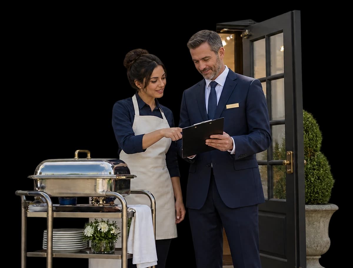 A caterer in a cream apron and venue coordinator review a clipboard at a compact hall entrance, with a covered catering tray on a small cart.