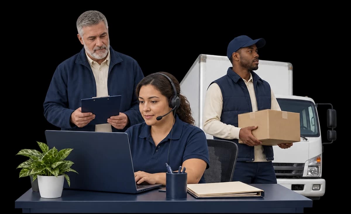 A dispatcher wearing a headset works at a laptop while two logistics colleagues stand behind her.
