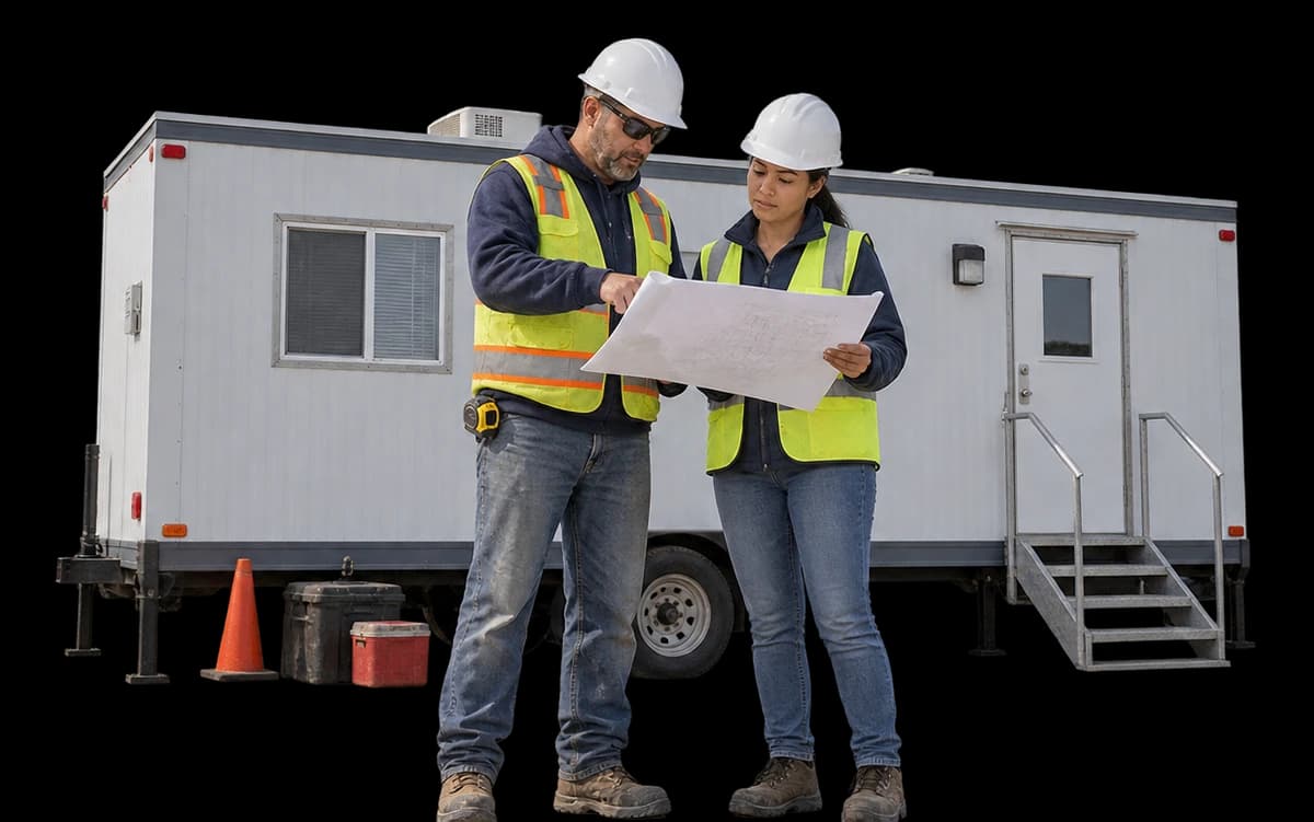 A subcontractor and site superintendent in white hardhats compare a document at a small jobsite trailer, its whole roof and both side edges visible behind them.