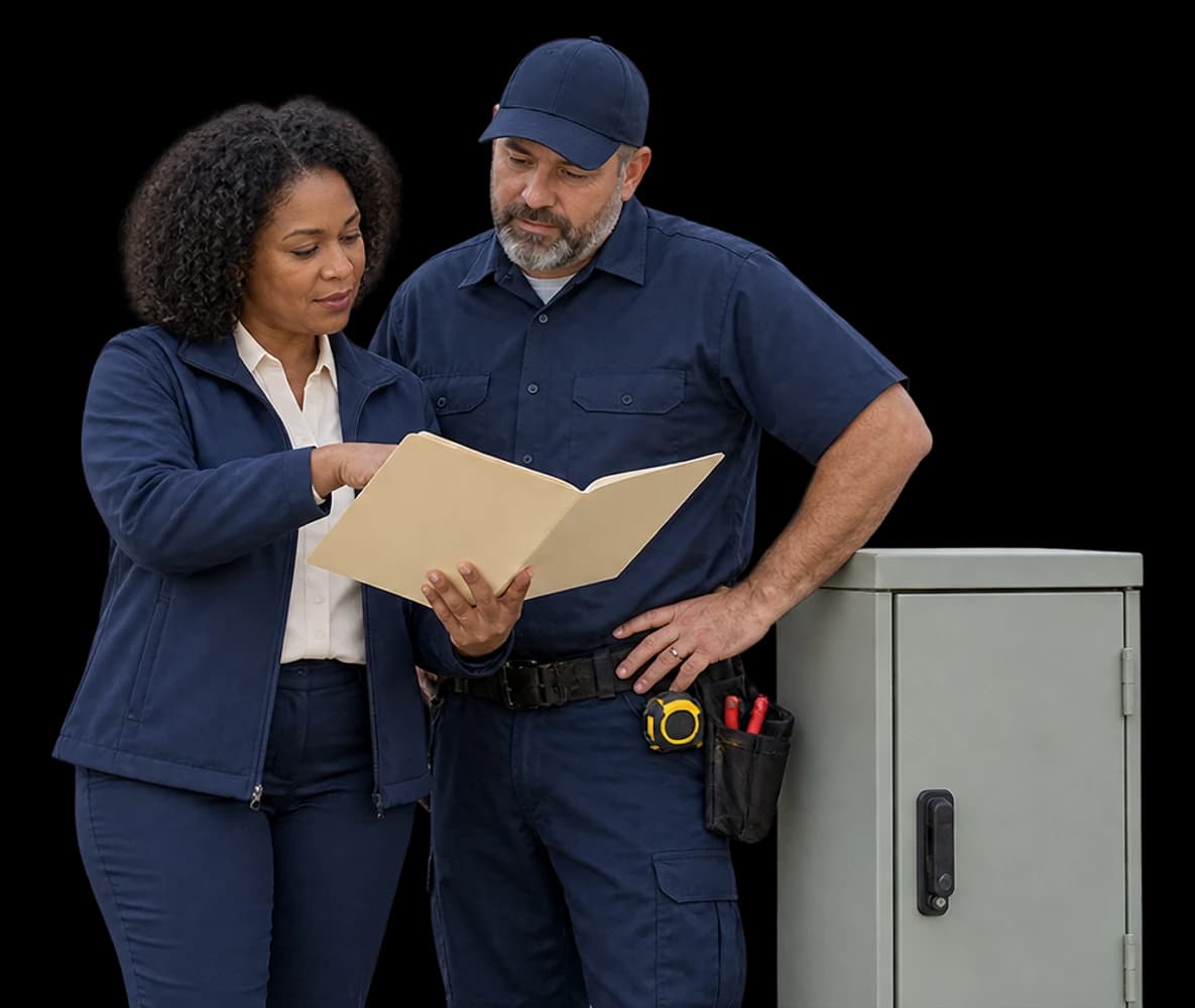 A municipal facilities coordinator and maintenance contractor review a plain folder beside a compact utility cabinet.