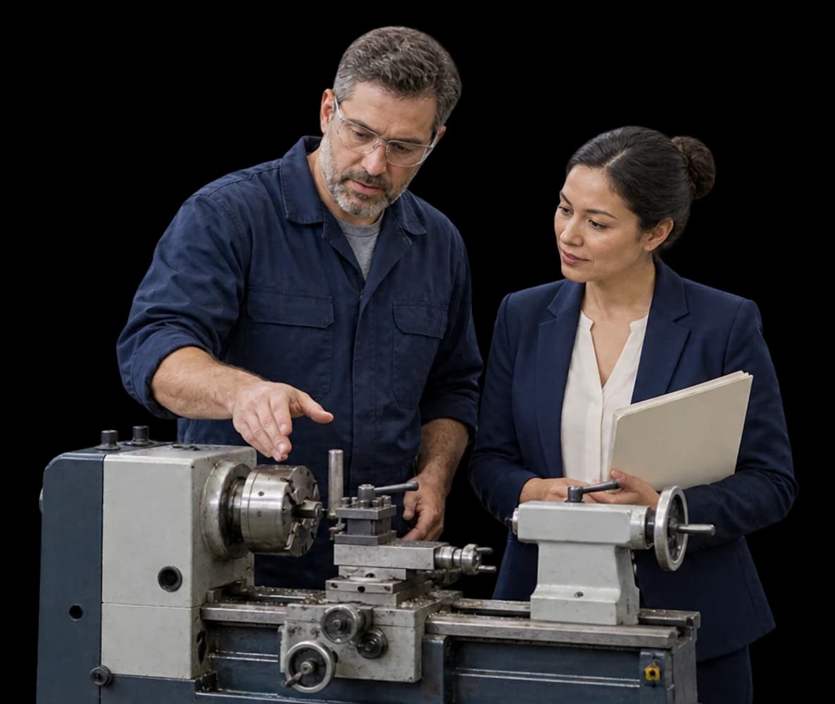 A business owner and lending officer inspect a compact industrial lathe beside a plain document folder.