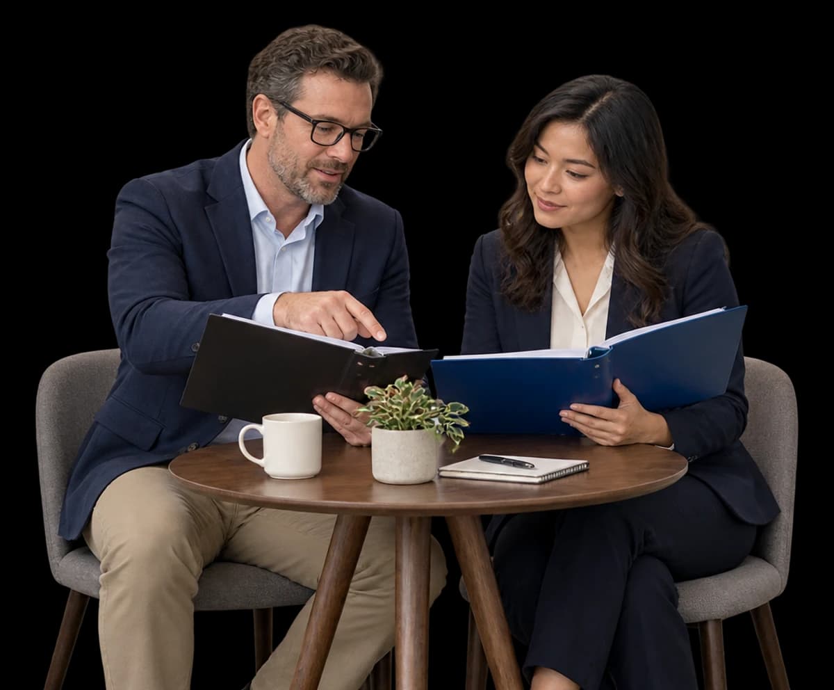A business owner and adviser compare two plain binders side by side at a compact round walnut table.