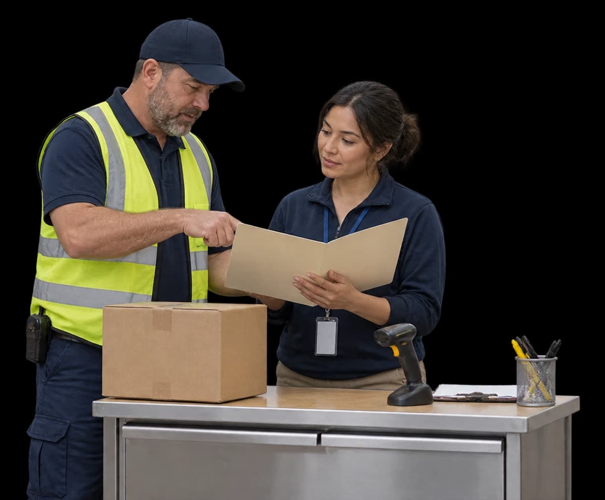 A supplier and receiving coordinator review a plain folder beside a carton and scanner on a compact receiving counter.