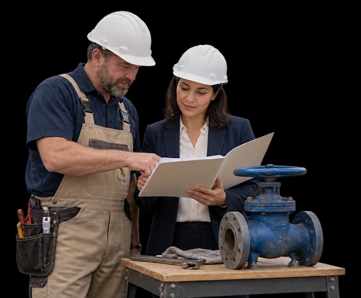 A trade contractor and project manager review a plain contract folder beside a detached pipe valve on a compact workbench.