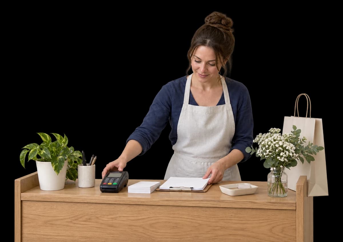 A new shop owner arranges a card reader and blank paperwork at a compact oak checkout counter.