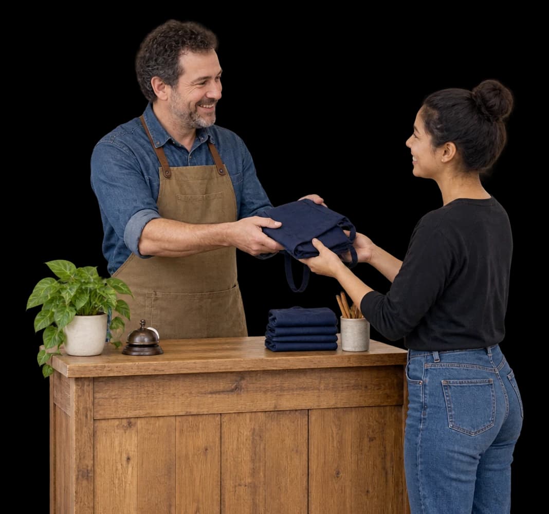 A small business owner hands a new employee a folded navy apron across a compact oak counter.