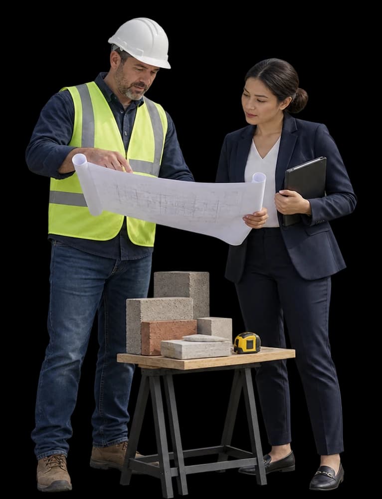 A facilities contractor in a white hardhat and a project officer review a rolled plan beside a compact masonry sample.