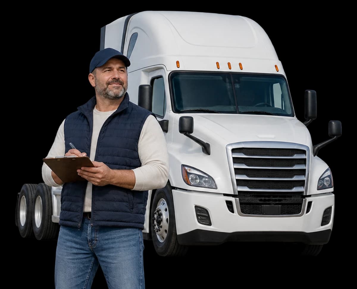 An owner-operator holds a clipboard beside a complete white tractor cab parked further behind, both mirrors and bumpers fully visible.
