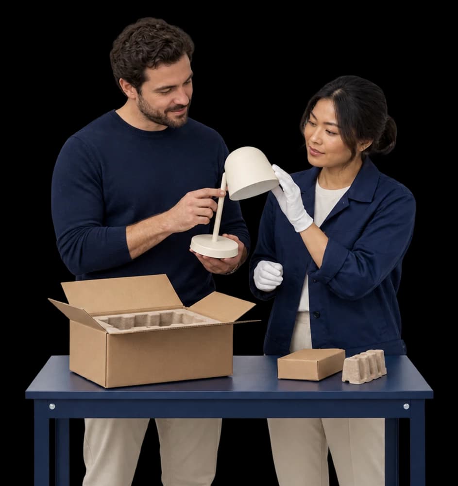 A product founder and quality technician inspect a small cream desk lamp beside its open cardboard packaging on a navy workbench.