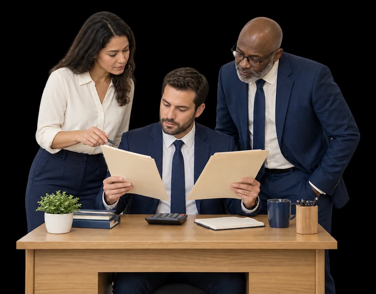 A finance manager and two colleagues compare folders beside a calculator at an oak desk.