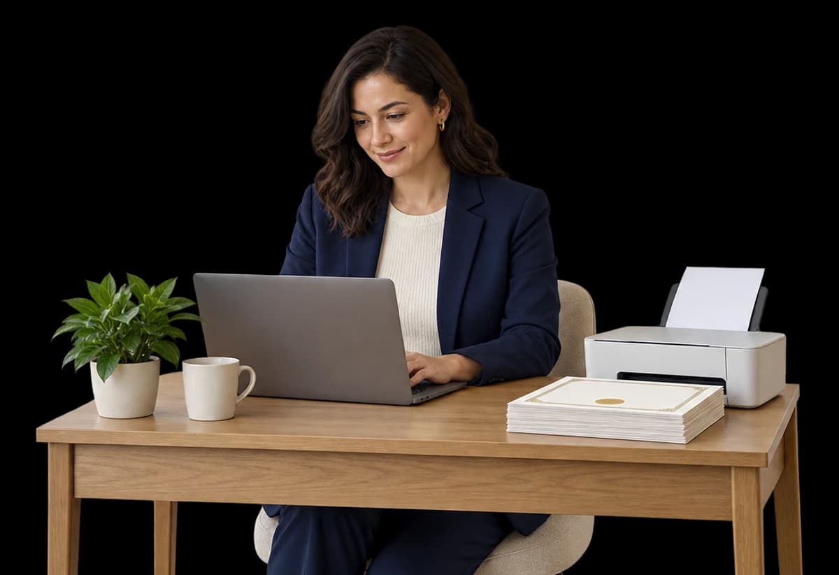 A business owner works on a laptop beside a small printer and a neat stack of plain certificate sheets at a compact oak desk.