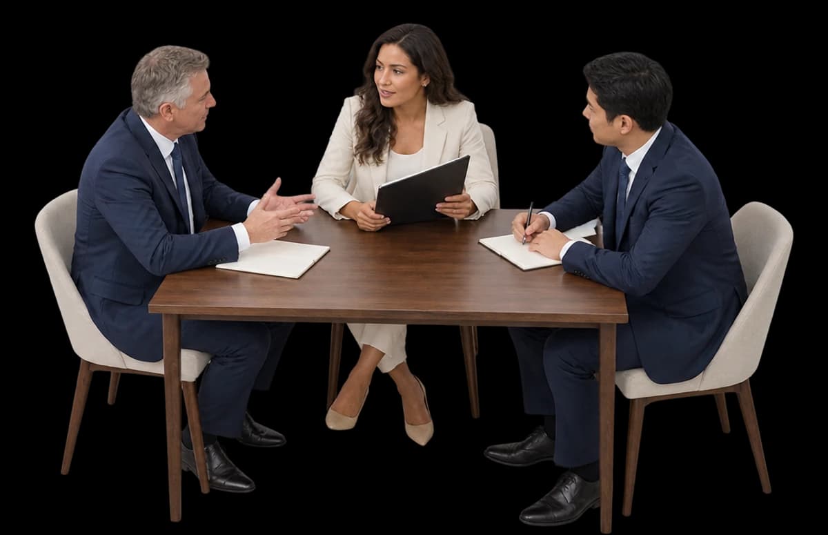 Three investment committee members discuss a binder around a small boardroom table.