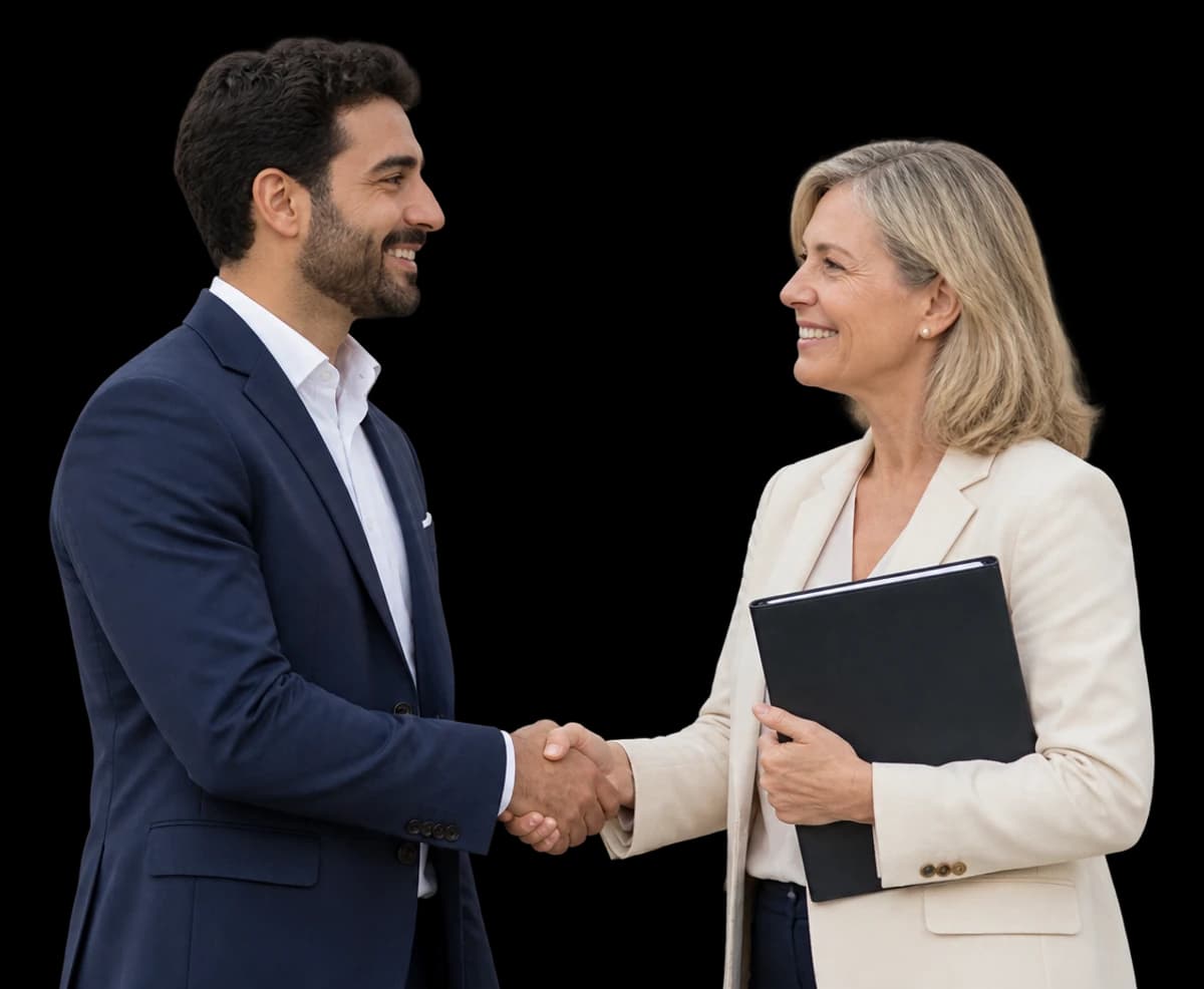 A vendor and a customer’s procurement manager shake hands over a contract folder.