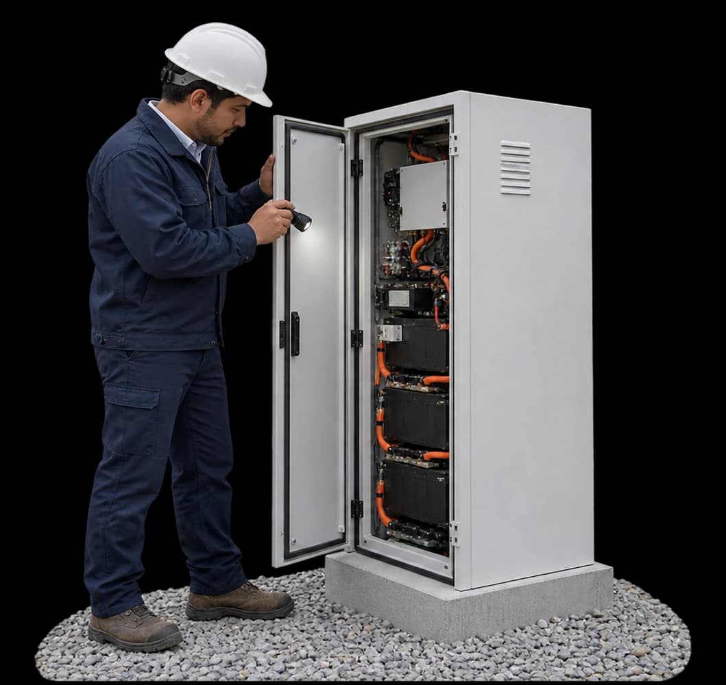 An engineer in a hardhat checks the wiring inside a compact battery storage cabinet.