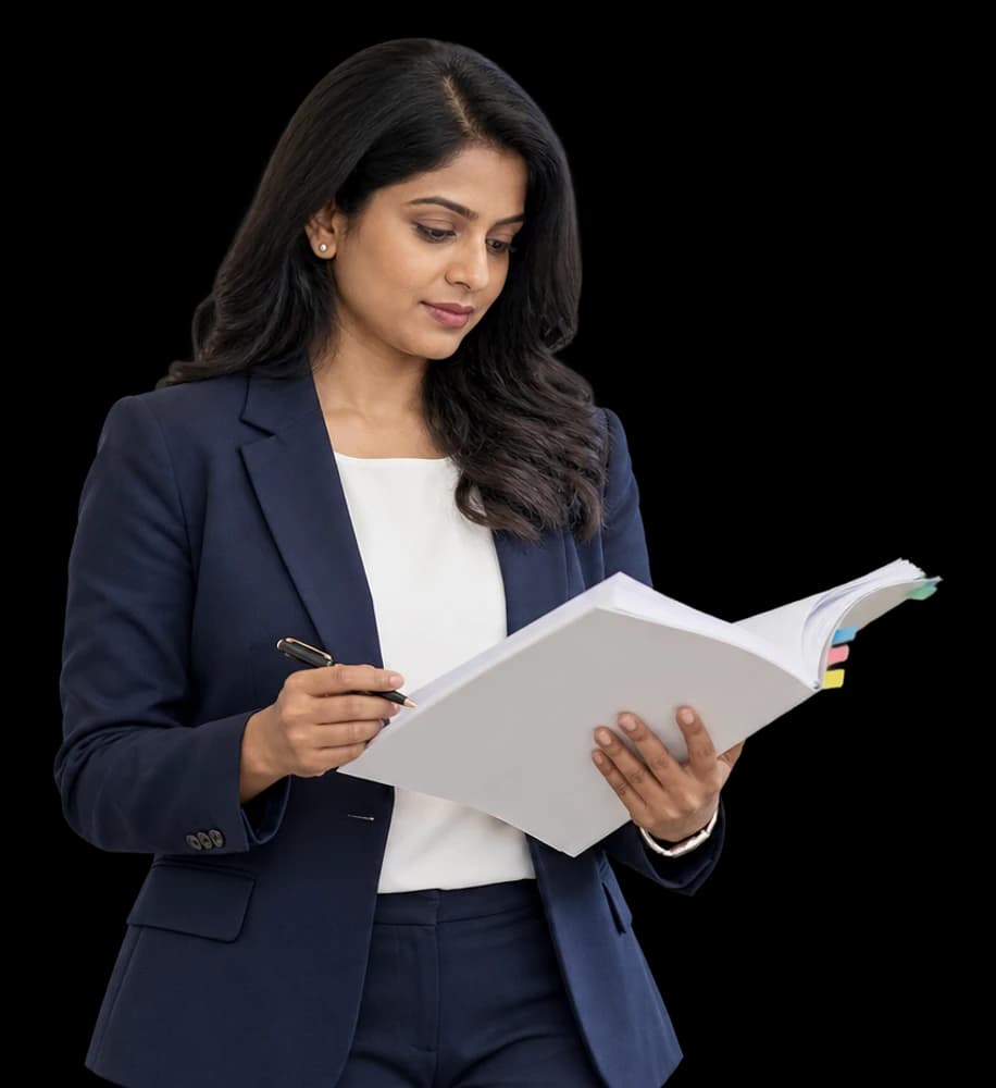 A compliance lead stands reading a thick bound partner agreement with a pen in hand.