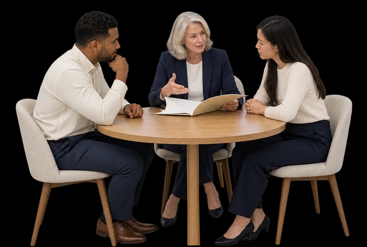 A credit committee reviews an open loan file around a small round table.