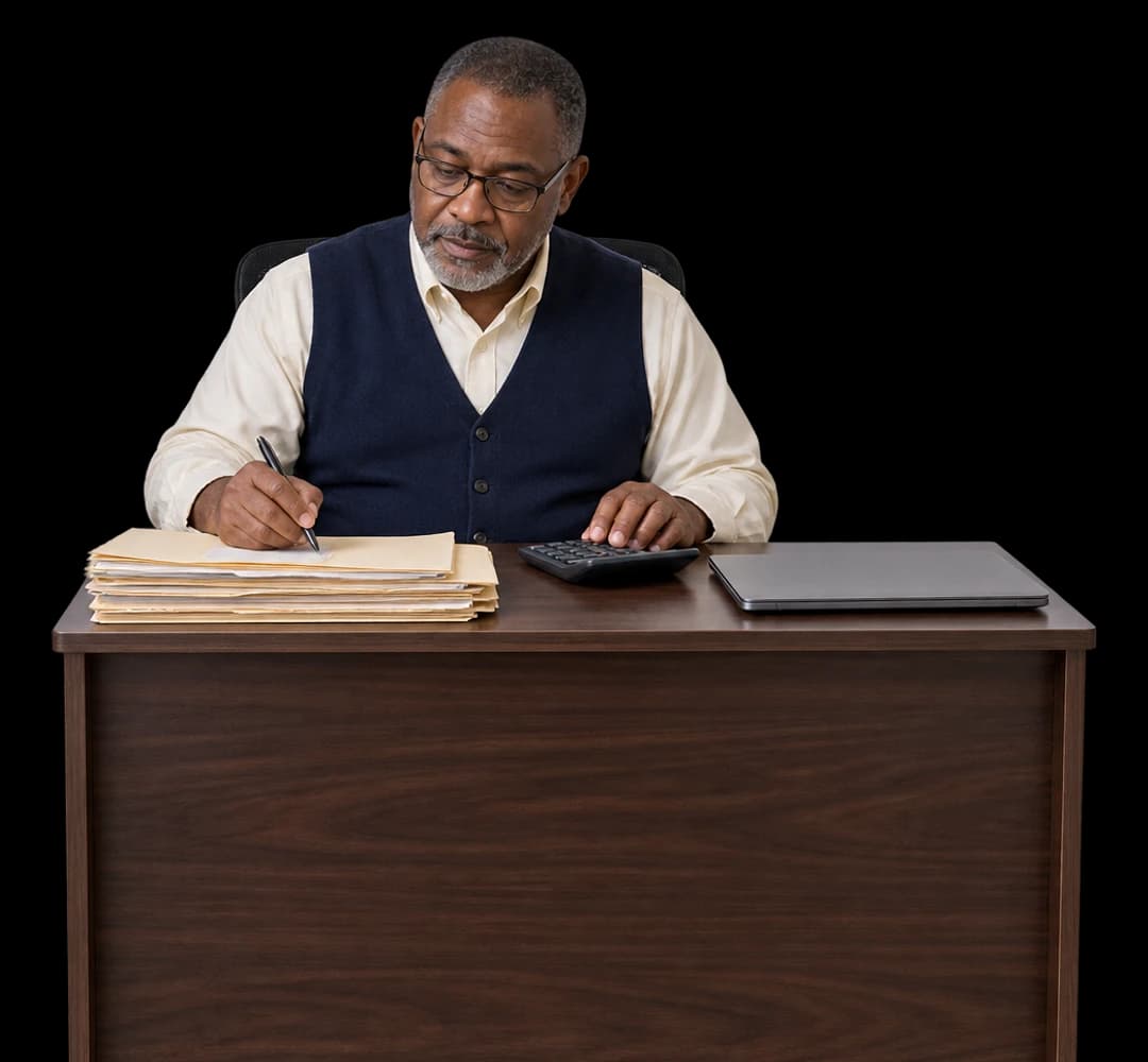 An accountant works through a stack of client folders at his desk.