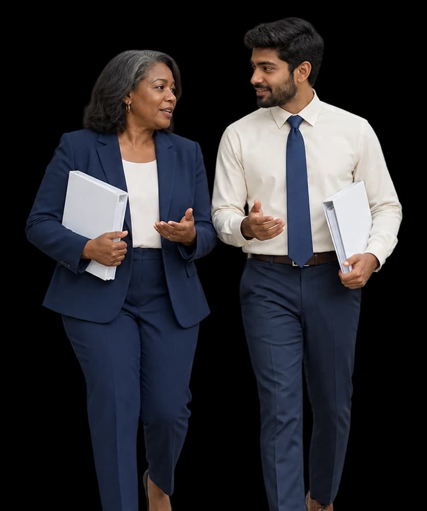 Two government contractors walk side by side carrying proposal binders.