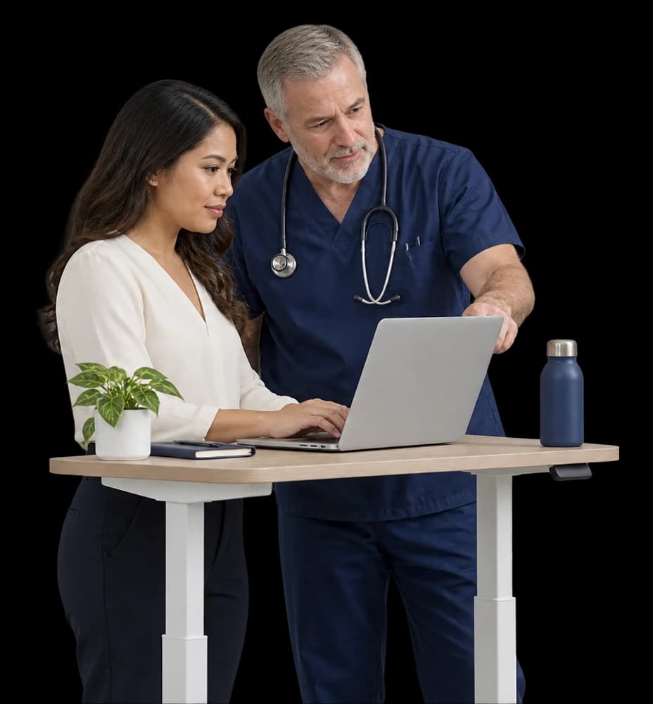 A software engineer works at a laptop as a clinician leans in to point.