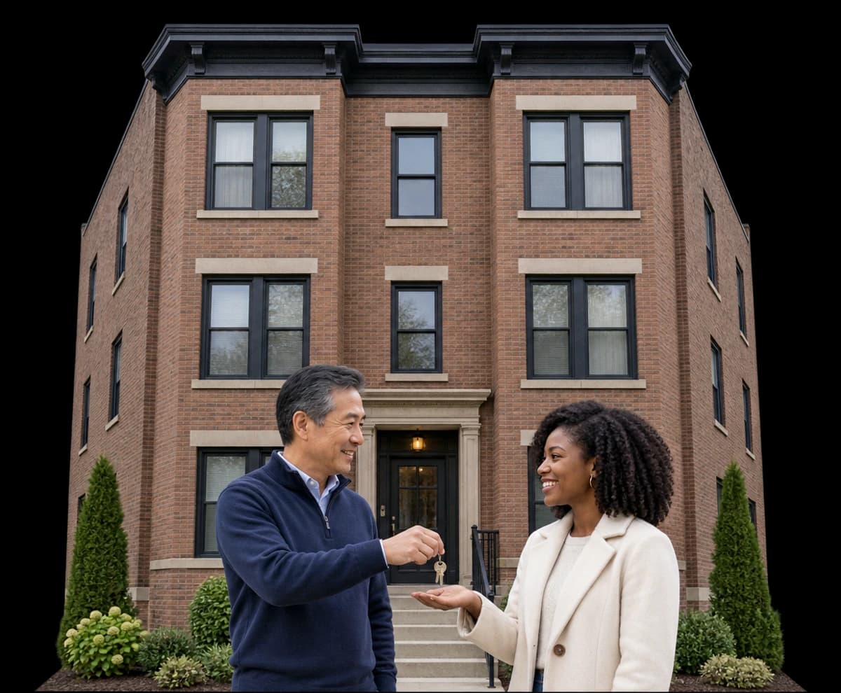 A property manager hands keys to a new tenant in front of a small brick apartment building.