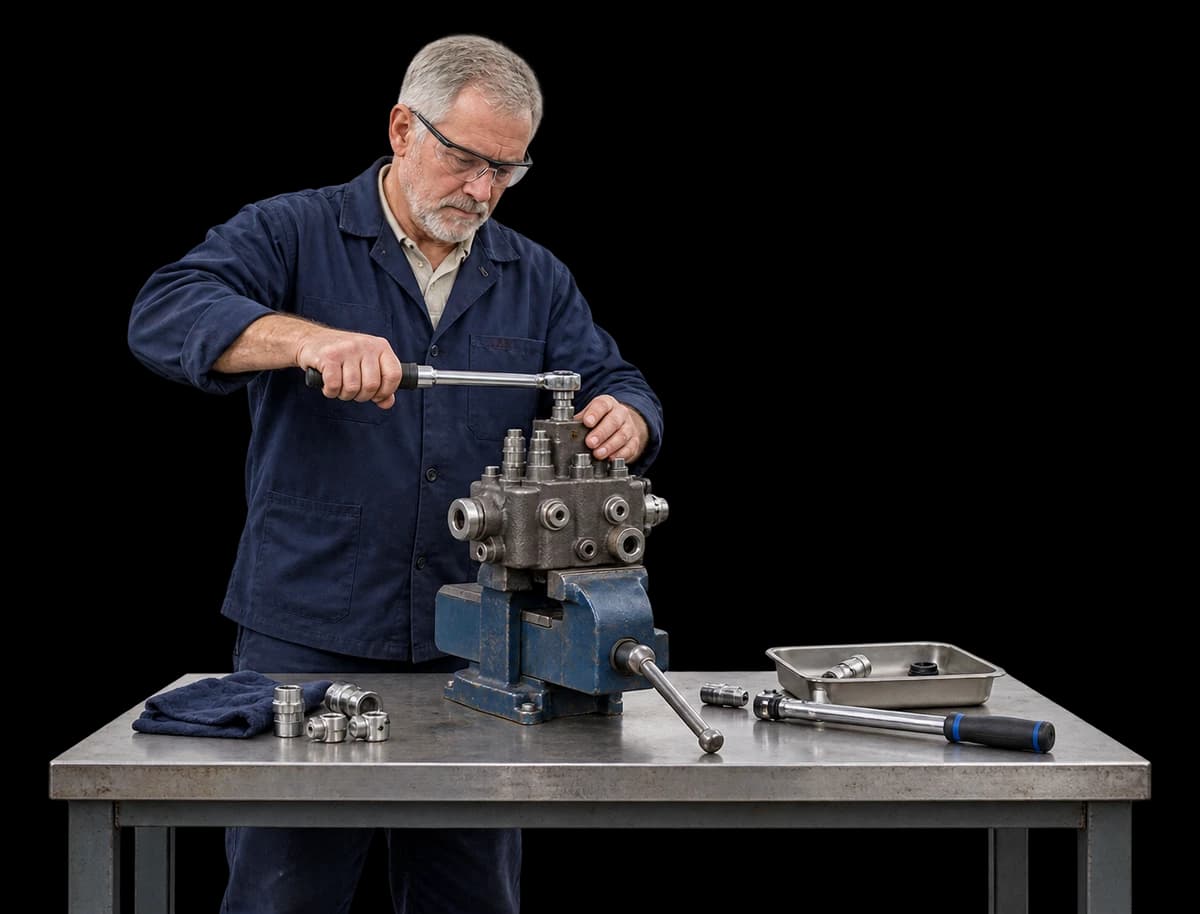 A fabricator tightens a bolt on a hydraulic valve assembly in a bench vise.