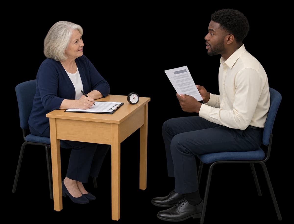 A career coach talks with a job seeker holding a portfolio folder.