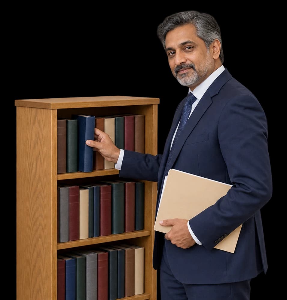 An attorney pulls a bound volume from a bookshelf with a case file under his arm.