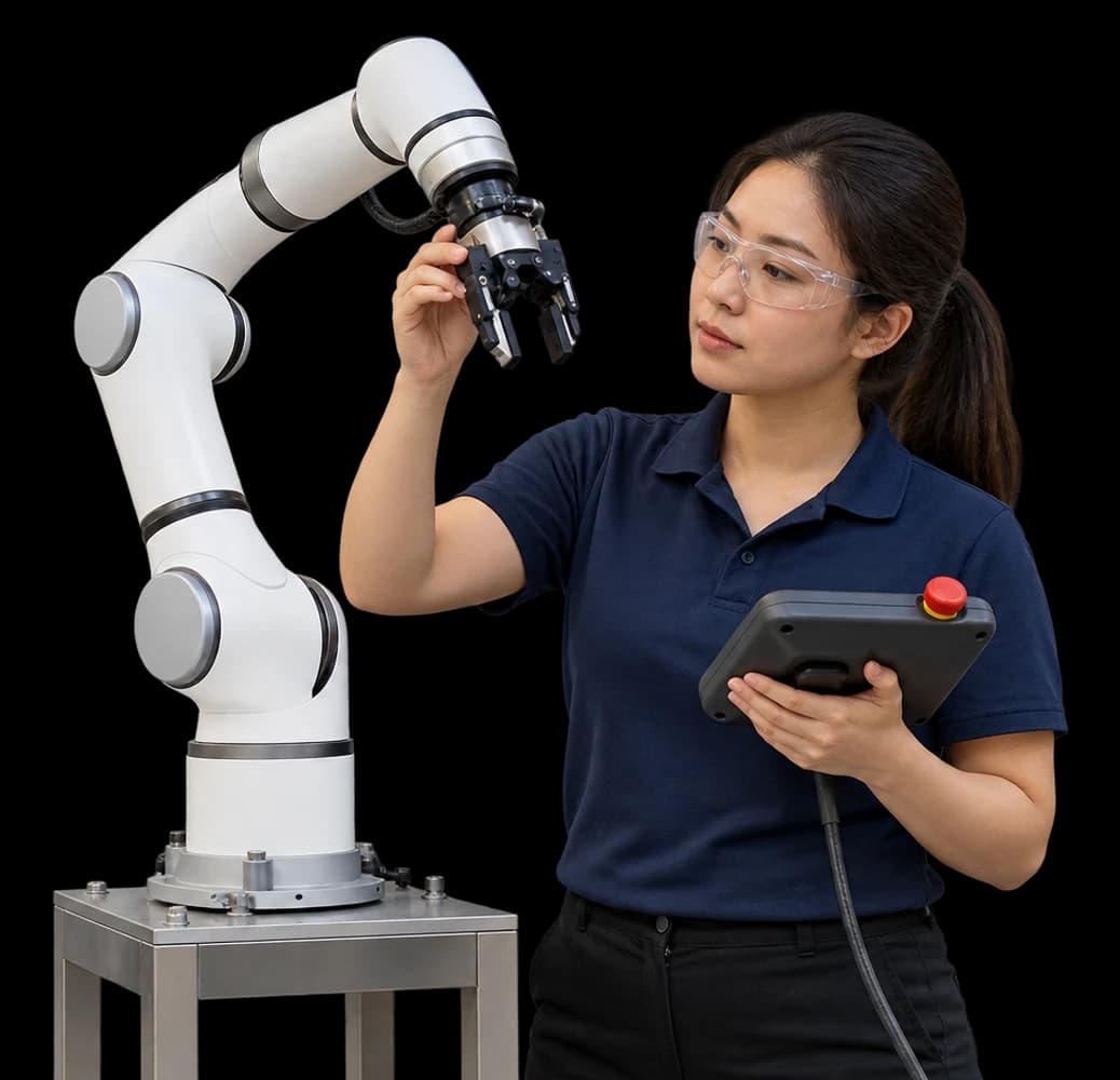 A robotics engineer adjusts the gripper on a collaborative robot arm.