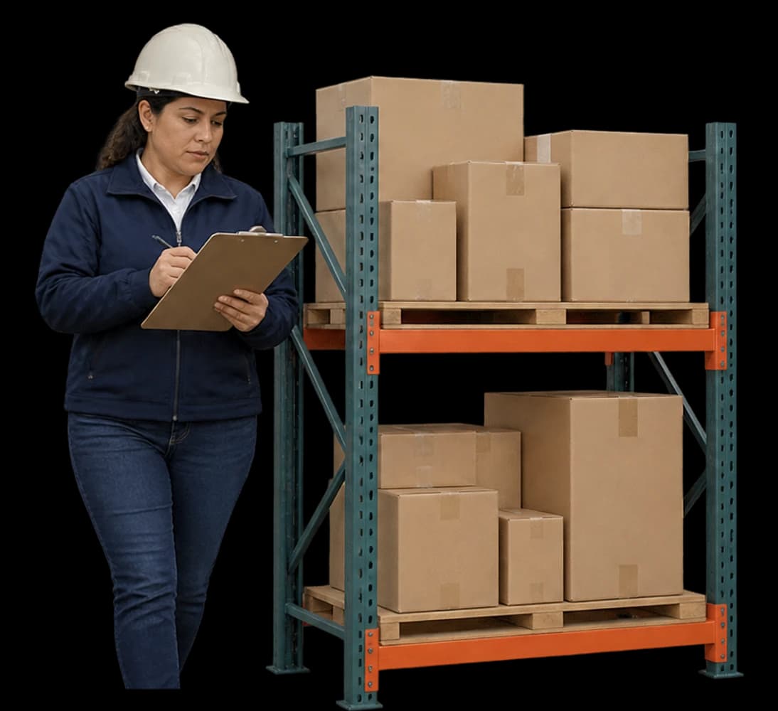 An operations manager walks beside pallet racking checking a clipboard.