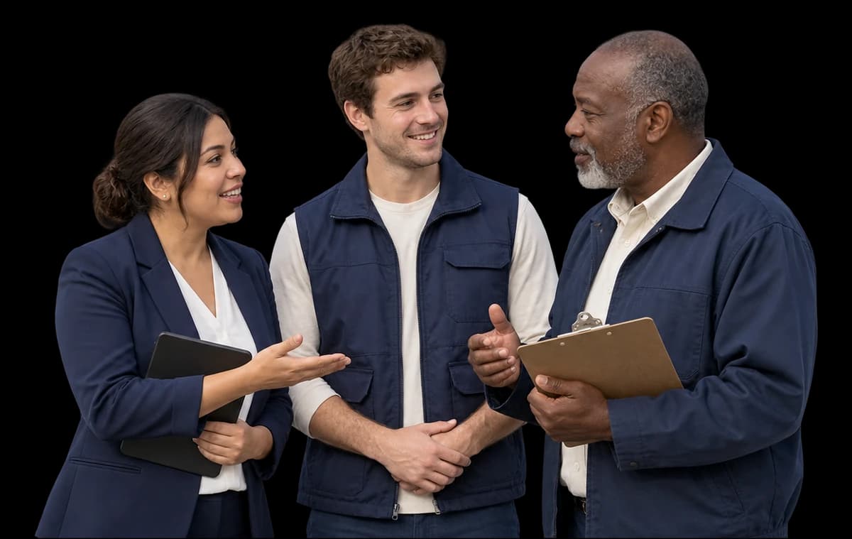 A staffing coordinator introduces a placed worker to a client’s supervisor.