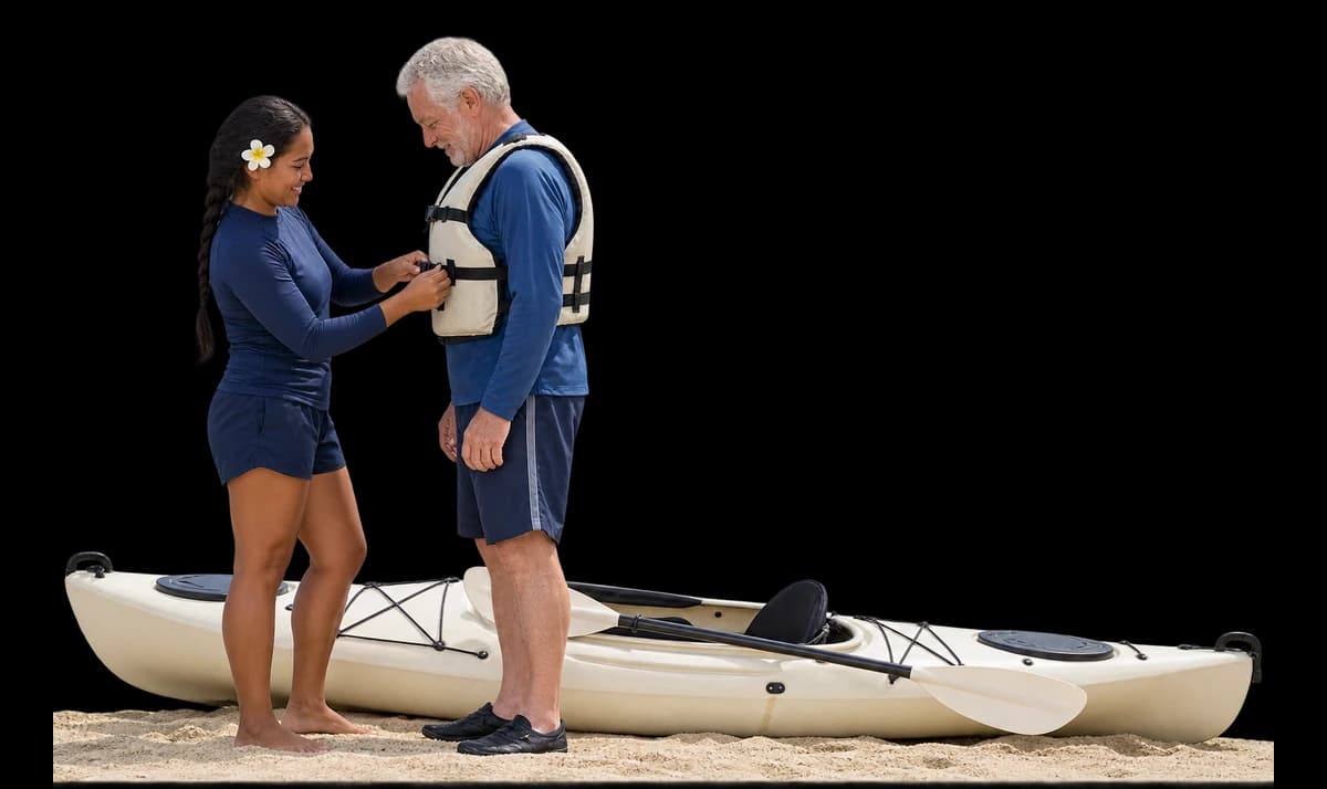A tour guide fastens a life jacket on a guest beside a kayak on the beach.