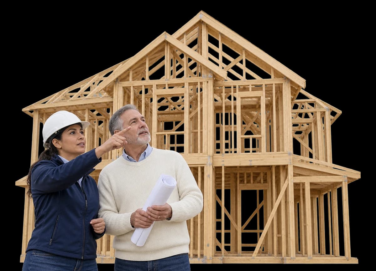 A contractor and a homeowner stand in front of a new timber house frame, looking up at the roof trusses.