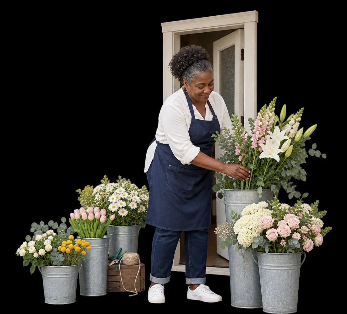 A bakery owner in an apron unlocks the glass door of her small shop in the morning.