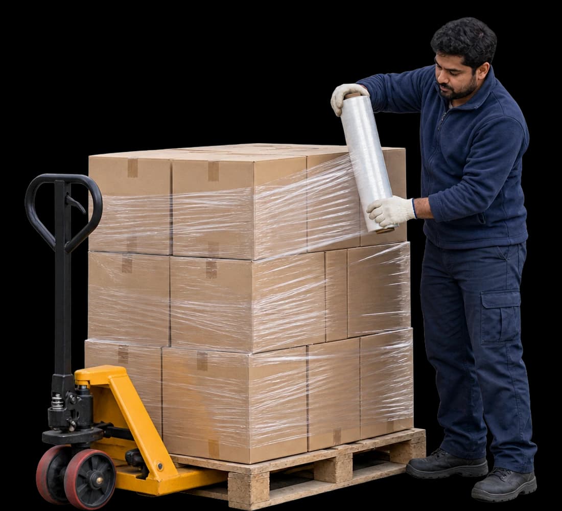 A shipping coordinator wraps a pallet of cartons in stretch film on a loading dock.