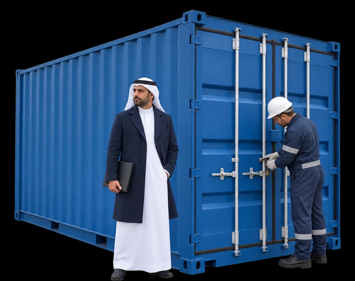 An export manager stands beside a shipping container at a port while a dock worker checks its seal.