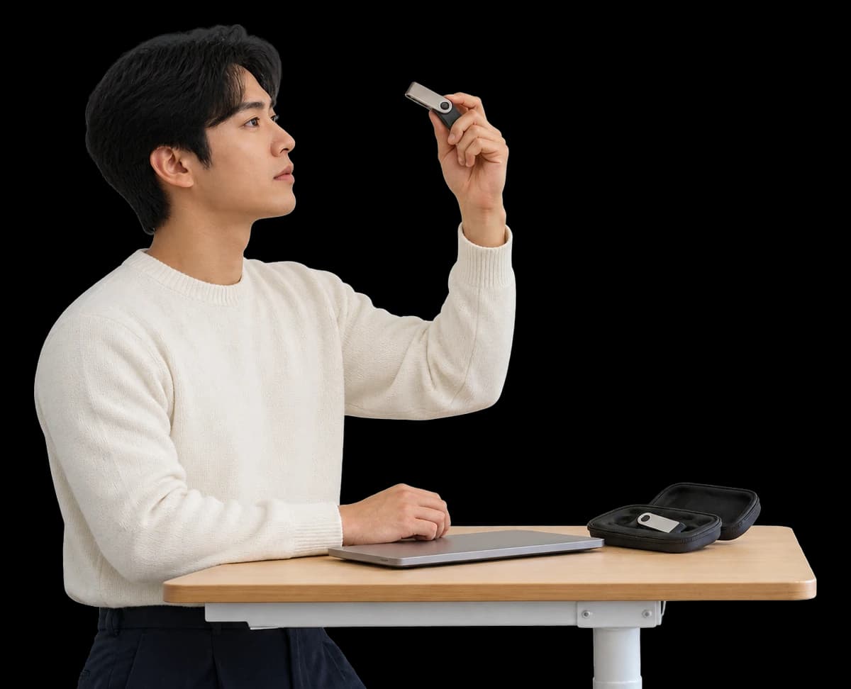 A security engineer at a standing desk inspects a small hardware signing device.