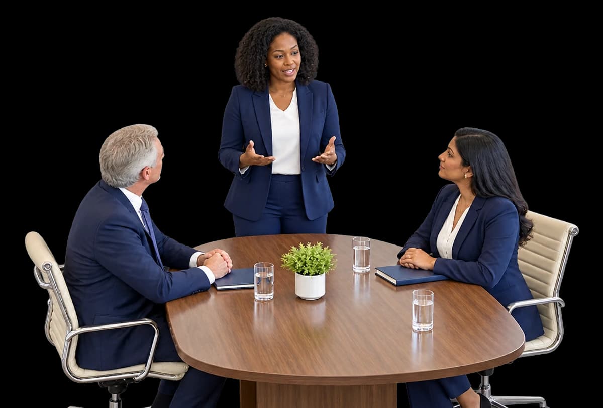 A board chair stands at the end of a boardroom table speaking to two seated directors.