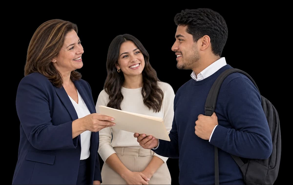 An HR lead hands a welcome folder to a new hire on his first day while a colleague looks on.
