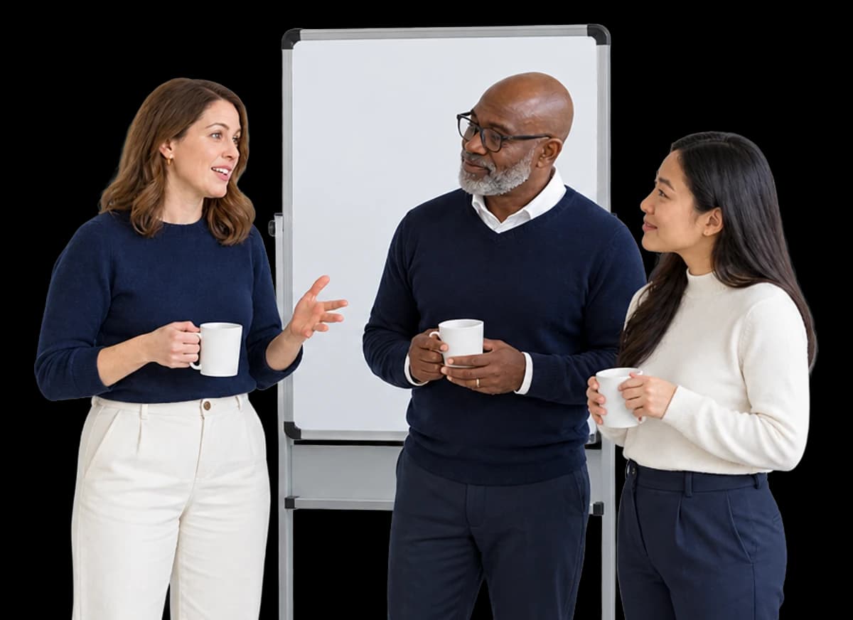 A new manager leads a standing huddle with two members of her team beside a blank whiteboard.