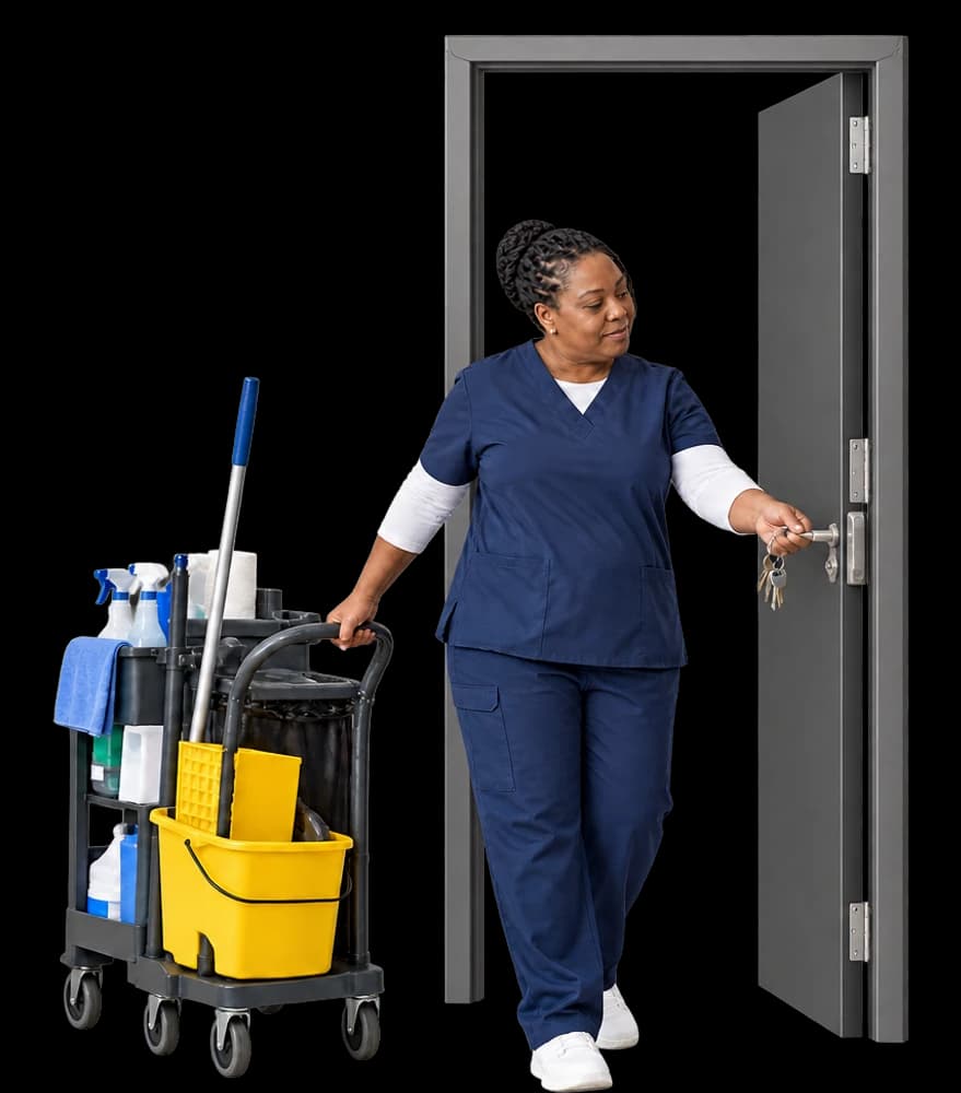 A cleaner unlocks a client’s office door with a key ring, her supply cart behind her.