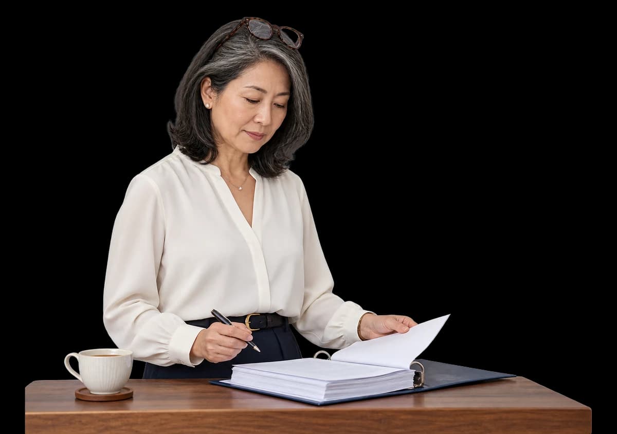 A finance director reviews a thick retirement plan binder at a tall table.