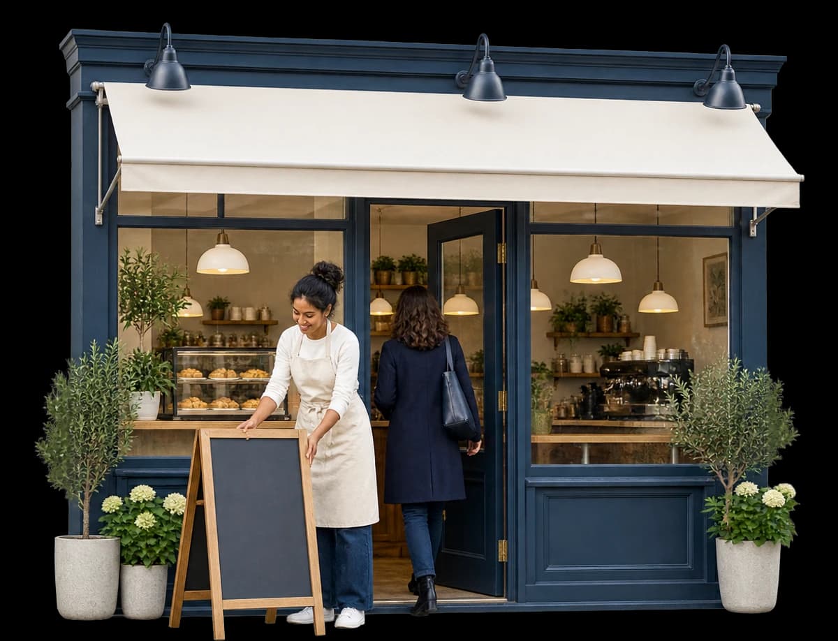A café owner sets out a sandwich board as a customer walks into her shop.