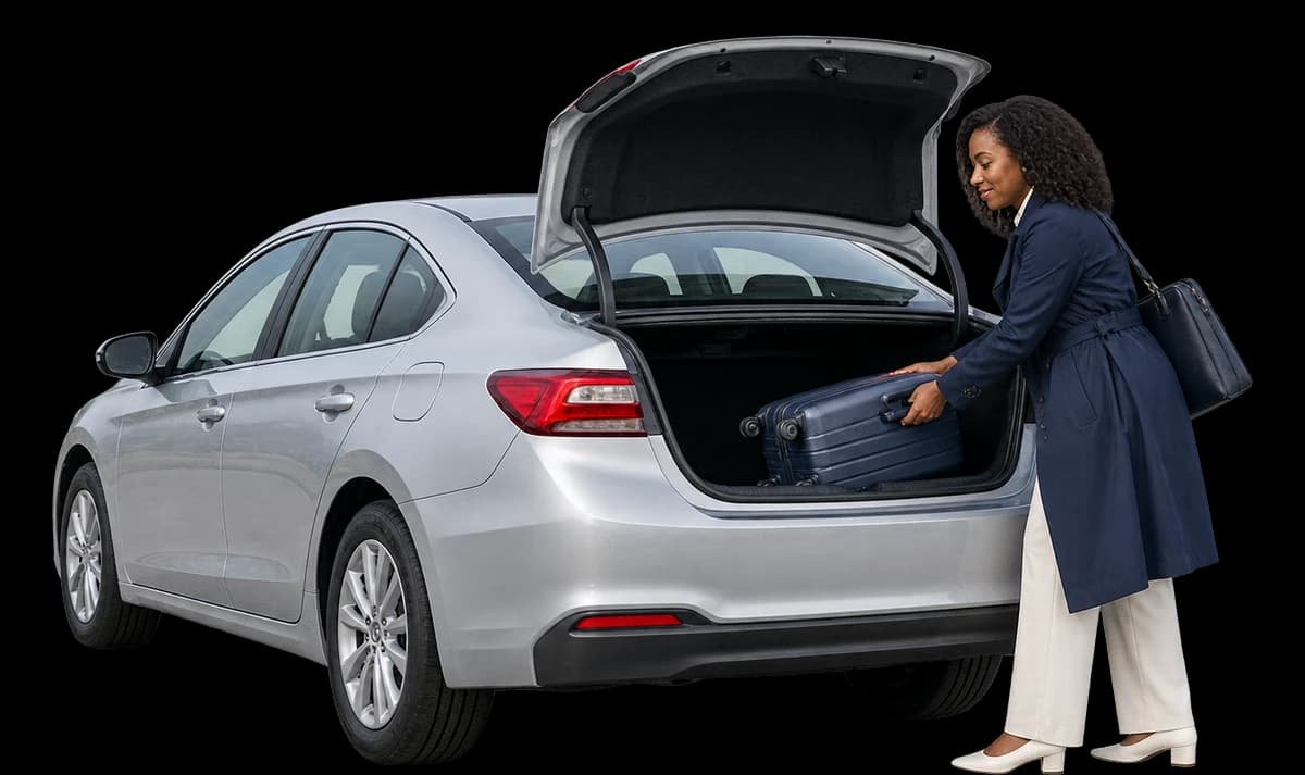 A consultant lifts her suitcase into the trunk of a rental car.