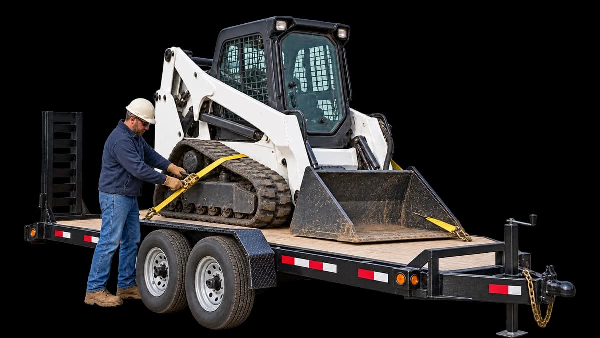 An equipment operator straps a compact track loader onto a trailer.