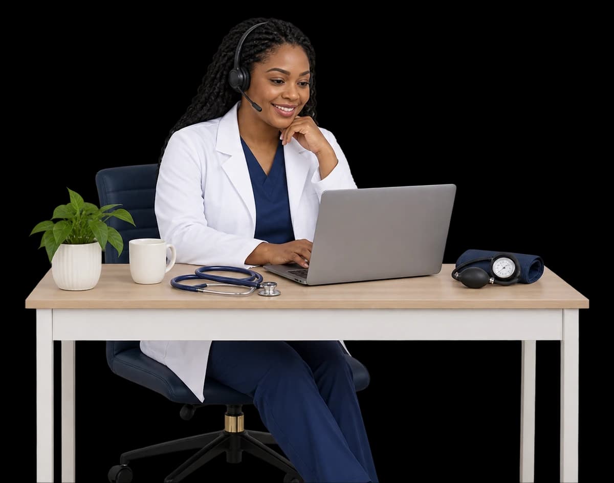 A nurse practitioner in a headset speaks to a patient over video from her desk.