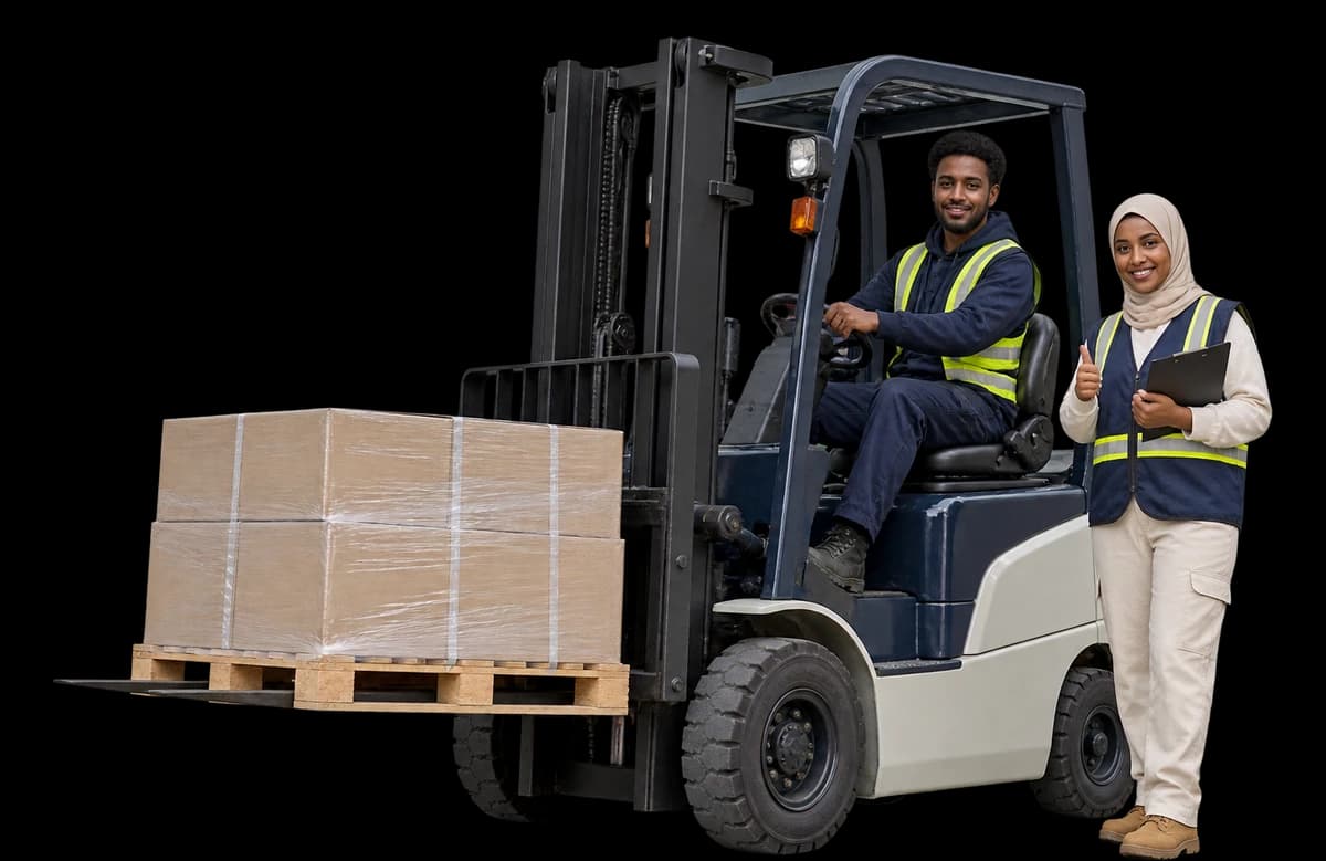 A forklift operator lifts a pallet while a safety coordinator signals beside him.