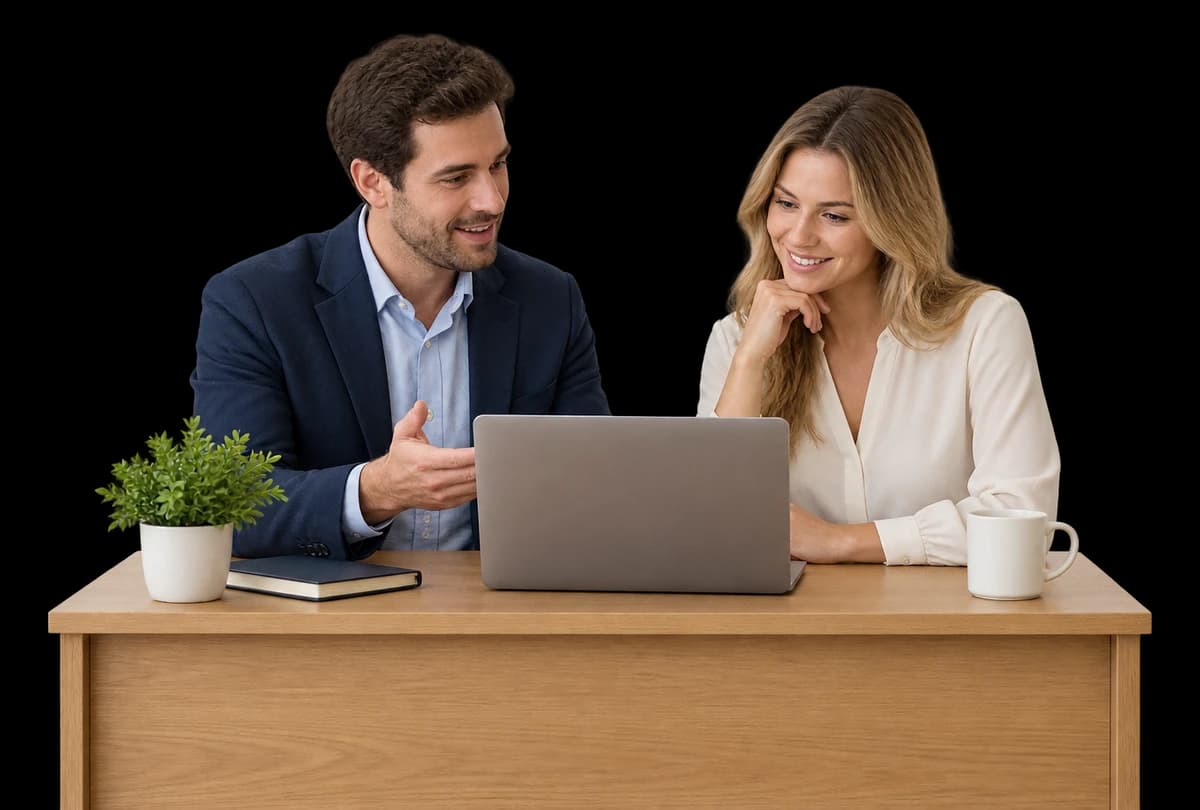 Two business leaders reviewing information on a laptop.