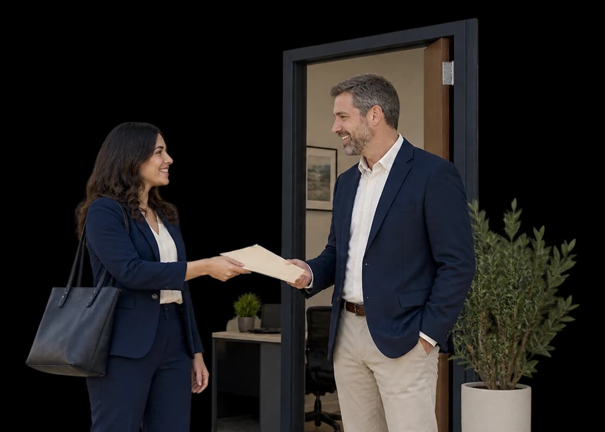 A commercial tenant hands a plain document folder to a landlord beside a compact office doorway.